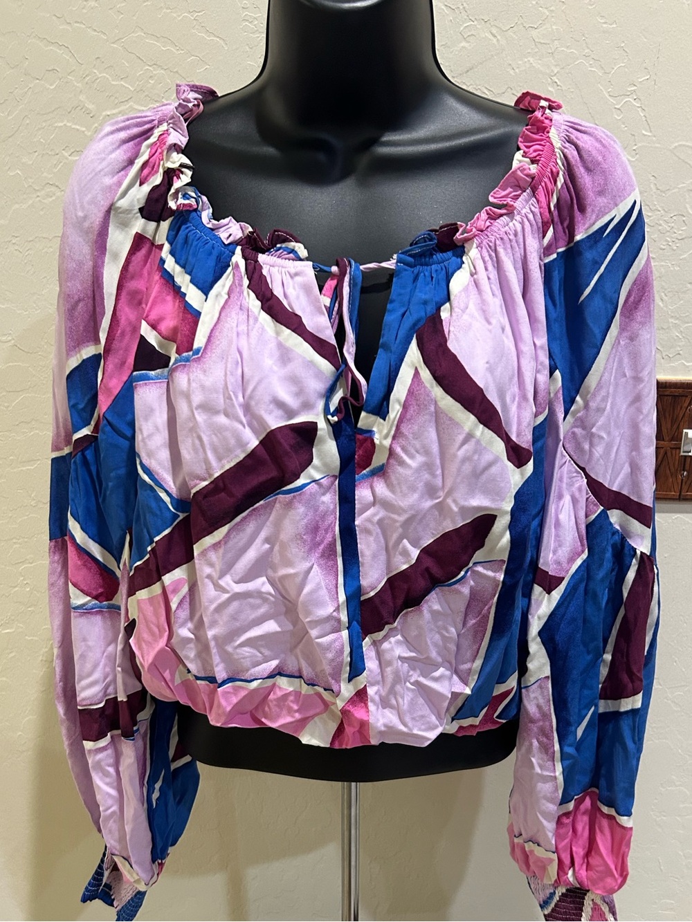 Habit by H&M Womens Pink & Blue Peasant Blouse - Boho Long Sleeve Top